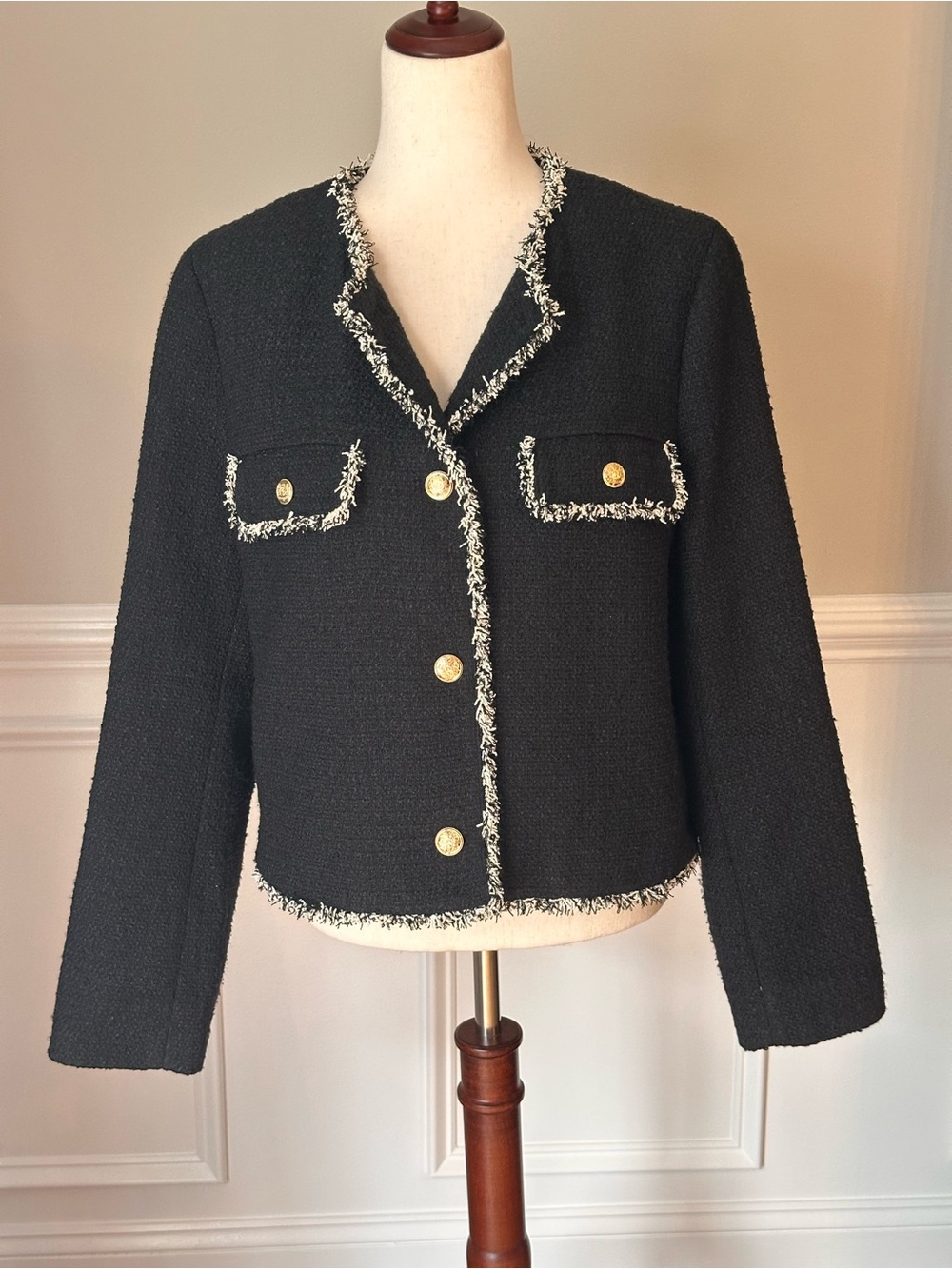 Loft Fringe Trim Black Tweed Blazer Jacket with Gold Buttons size Large